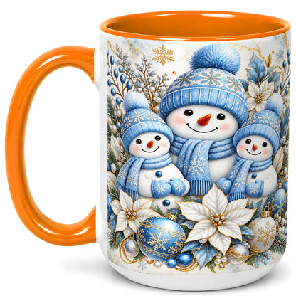 #pl[15oz|Orange] Snowman Family Coffee Mug, Blue Gold Winter Snowman Mug, Ceramic Cup