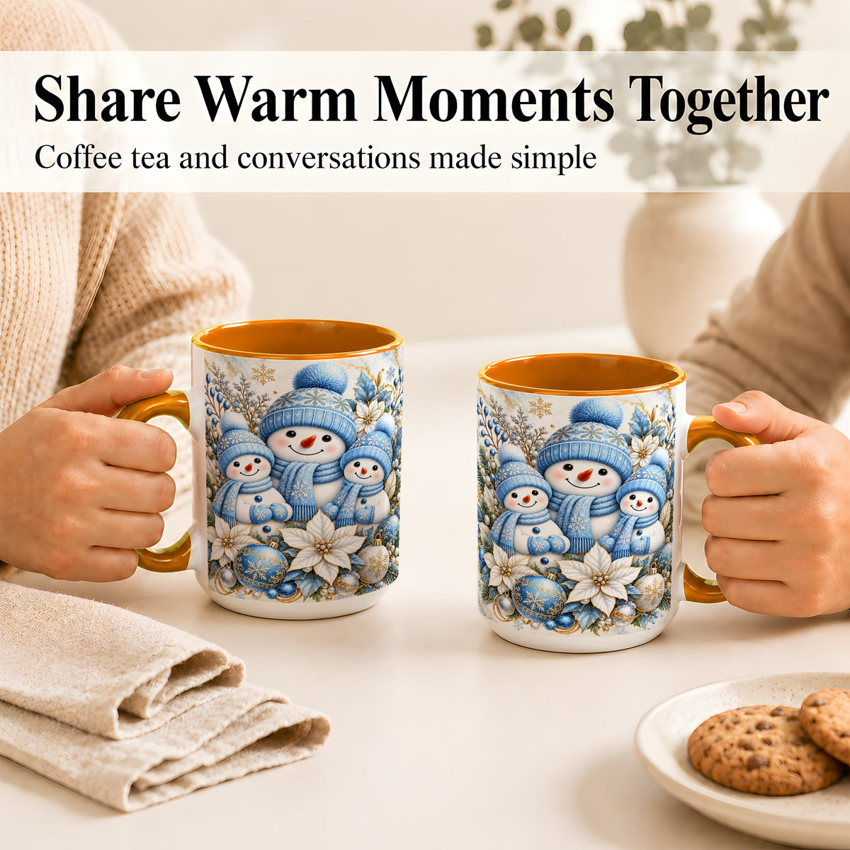 #pl[15oz|Orange] Snowman Family Coffee Mug, Blue Gold Winter Snowman Mug, Ceramic Cup