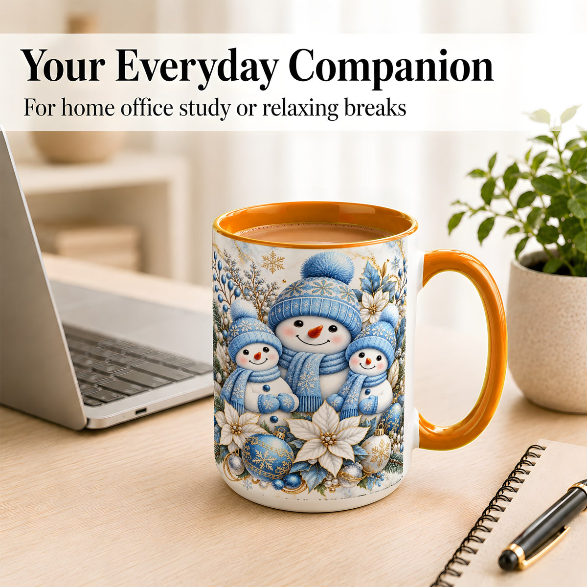#pl[15oz|Orange] Snowman Family Coffee Mug, Blue Gold Winter Snowman Mug, Ceramic Cup