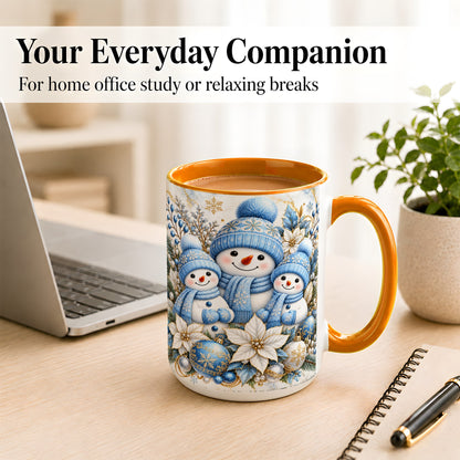 #pl[15oz|Orange] Snowman Family Coffee Mug, Blue Gold Winter Snowman Mug, Ceramic Cup