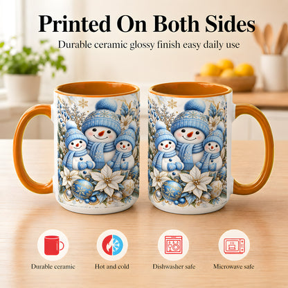 #pl[15oz|Orange] Snowman Family Coffee Mug, Blue Gold Winter Snowman Mug, Ceramic Cup