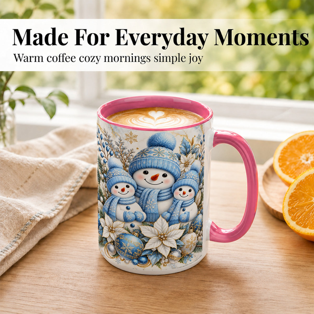 #pl[15oz|Pink] Snowman Family Coffee Mug, Blue Gold Winter Snowman Mug, Ceramic Cup