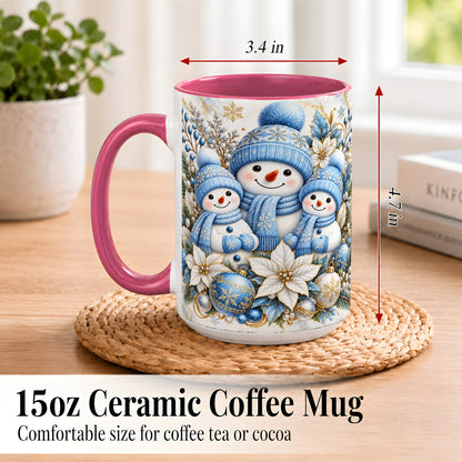 #pl[15oz|Pink] Snowman Family Coffee Mug, Blue Gold Winter Snowman Mug, Ceramic Cup