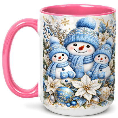 #pl[15oz|Pink] Snowman Family Coffee Mug, Blue Gold Winter Snowman Mug, Ceramic Cup