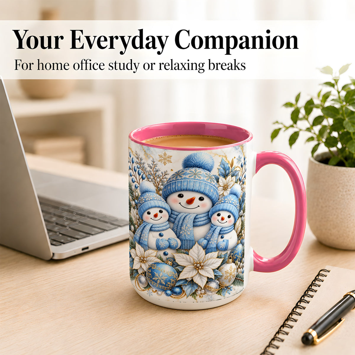 #pl[15oz|Pink] Snowman Family Coffee Mug, Blue Gold Winter Snowman Mug, Ceramic Cup