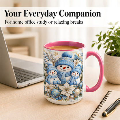#pl[15oz|Pink] Snowman Family Coffee Mug, Blue Gold Winter Snowman Mug, Ceramic Cup