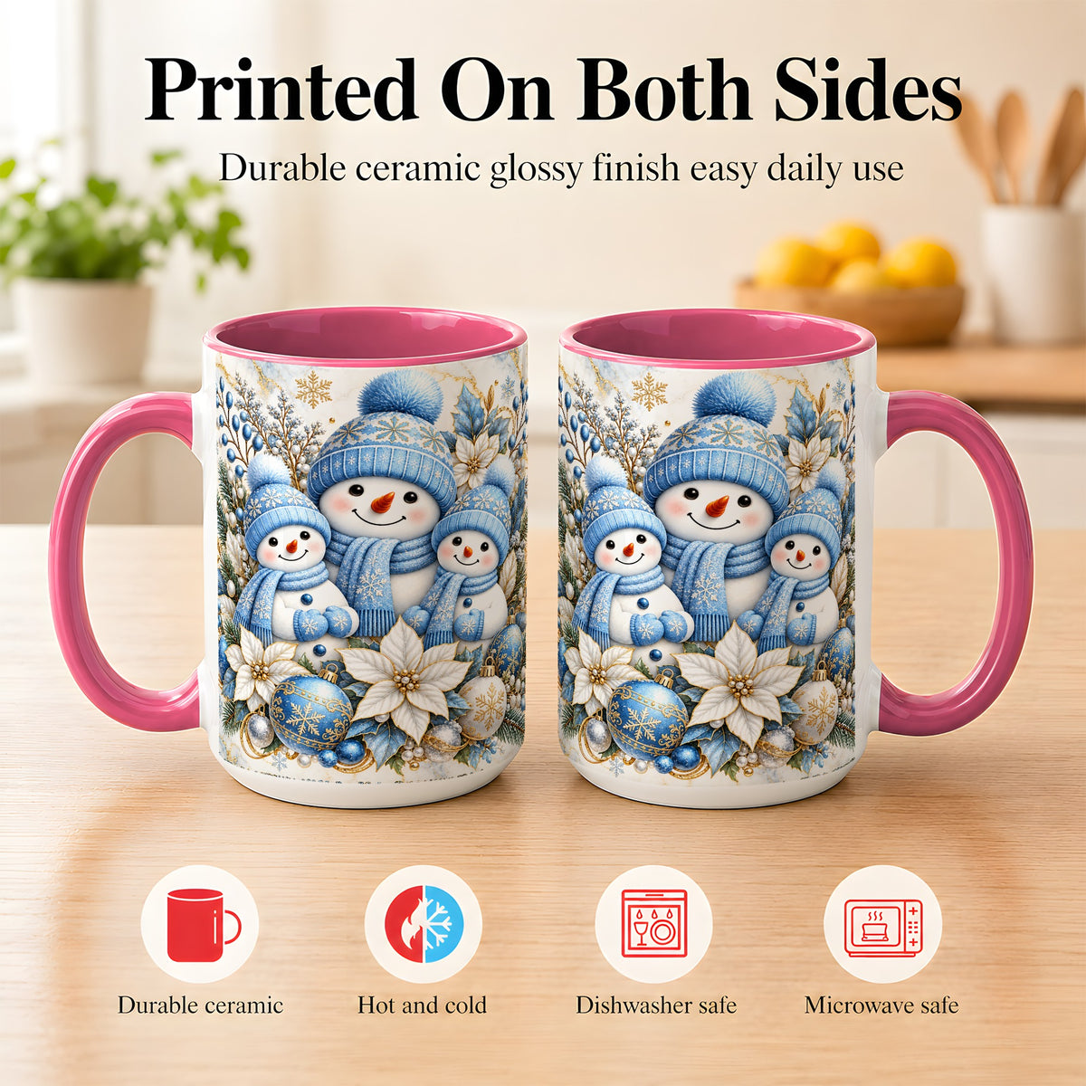 #pl[15oz|Pink] Snowman Family Coffee Mug, Blue Gold Winter Snowman Mug, Ceramic Cup