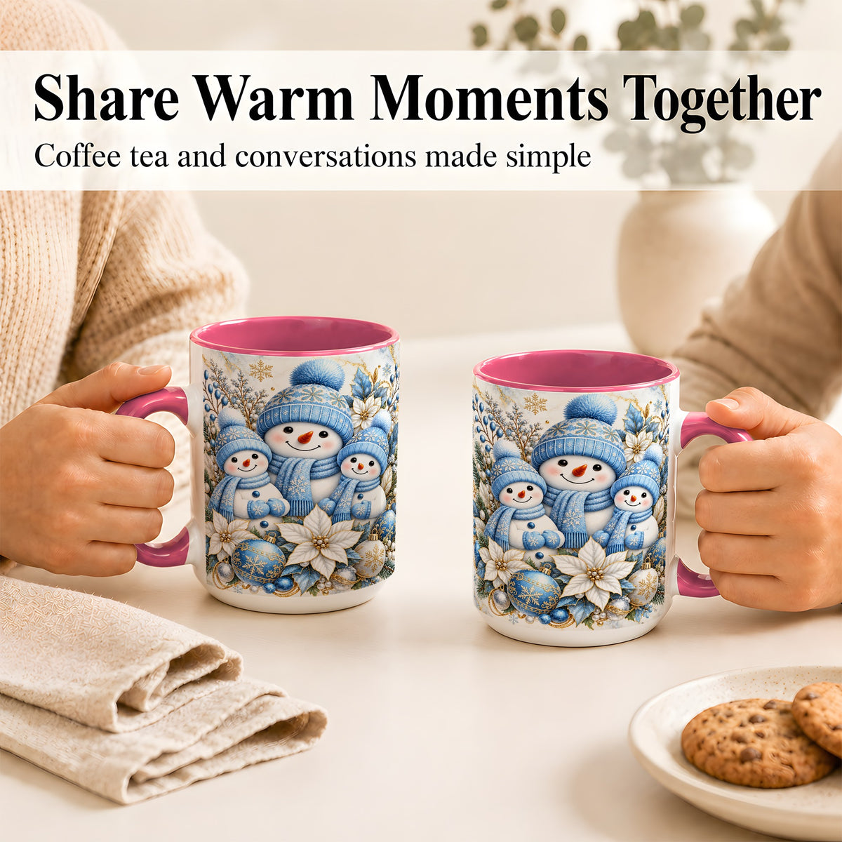 #pl[15oz|Pink] Snowman Family Coffee Mug, Blue Gold Winter Snowman Mug, Ceramic Cup