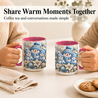 #pl[15oz|Pink] Snowman Family Coffee Mug, Blue Gold Winter Snowman Mug, Ceramic Cup