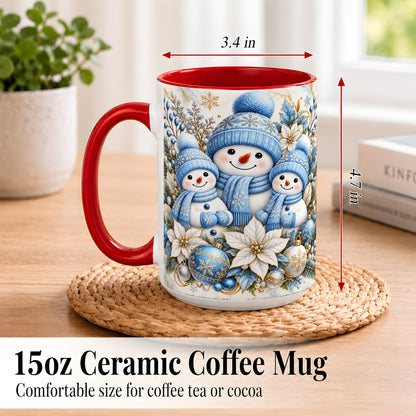 #pl[15oz|Red] Snowman Family Coffee Mug, Blue Gold Winter Snowman Mug, Ceramic Cup