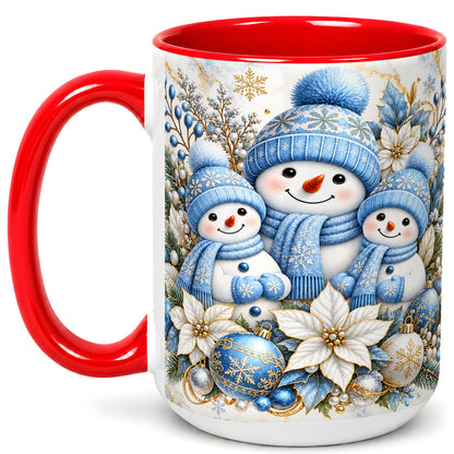 #pl[15oz|Red] Snowman Family Coffee Mug, Blue Gold Winter Snowman Mug, Ceramic Cup