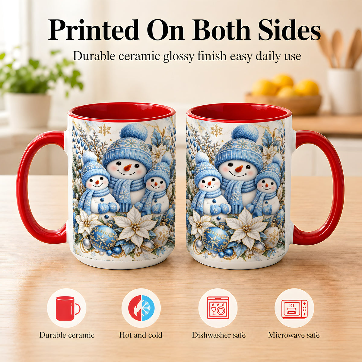 #pl[15oz|Red] Snowman Family Coffee Mug, Blue Gold Winter Snowman Mug, Ceramic Cup