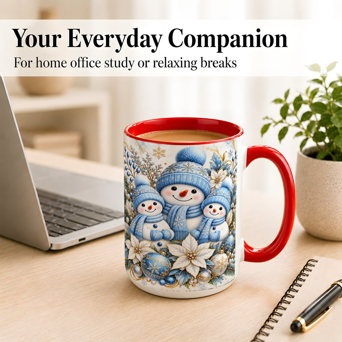 #pl[15oz|Red] Snowman Family Coffee Mug, Blue Gold Winter Snowman Mug, Ceramic Cup