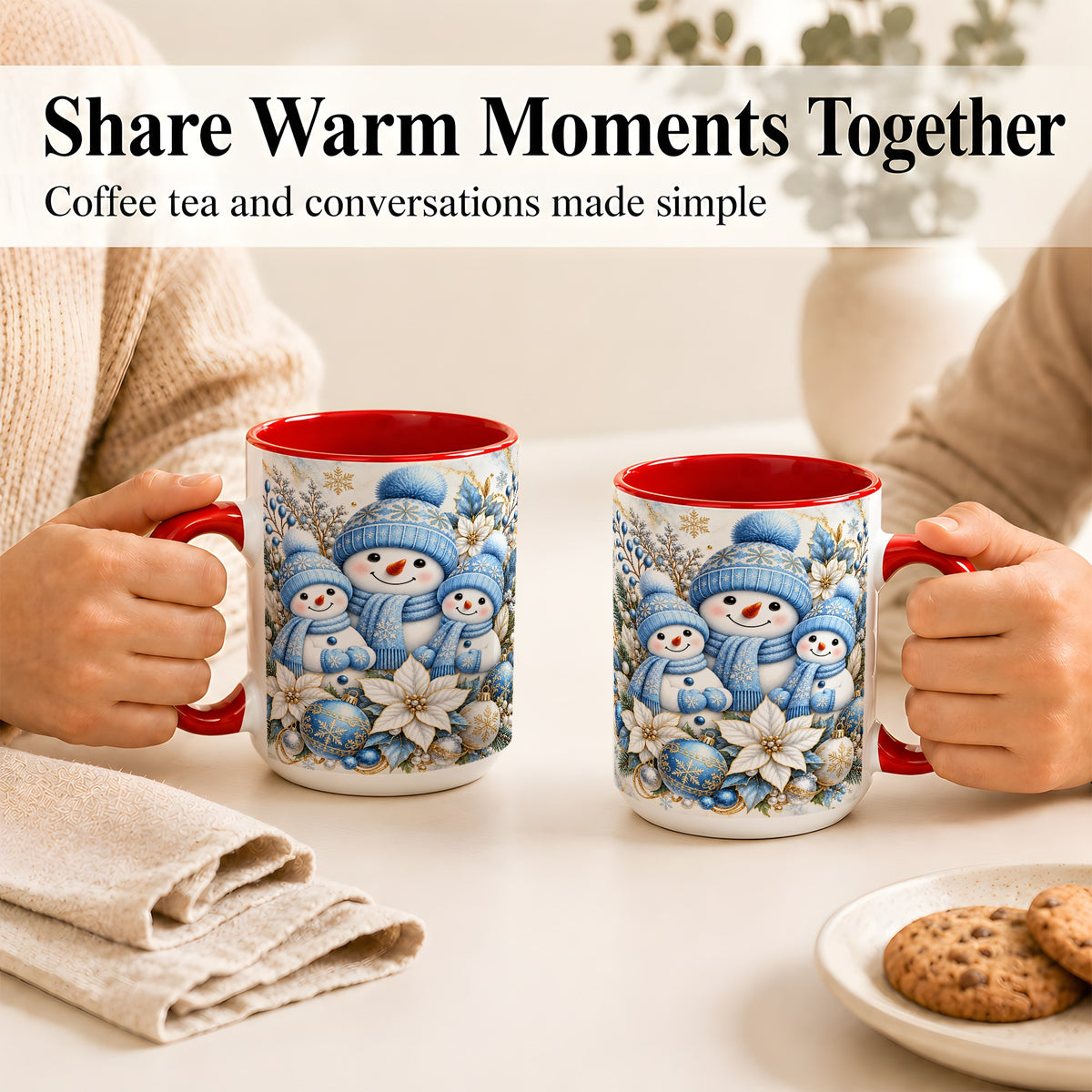 #pl[15oz|Red] Snowman Family Coffee Mug, Blue Gold Winter Snowman Mug, Ceramic Cup
