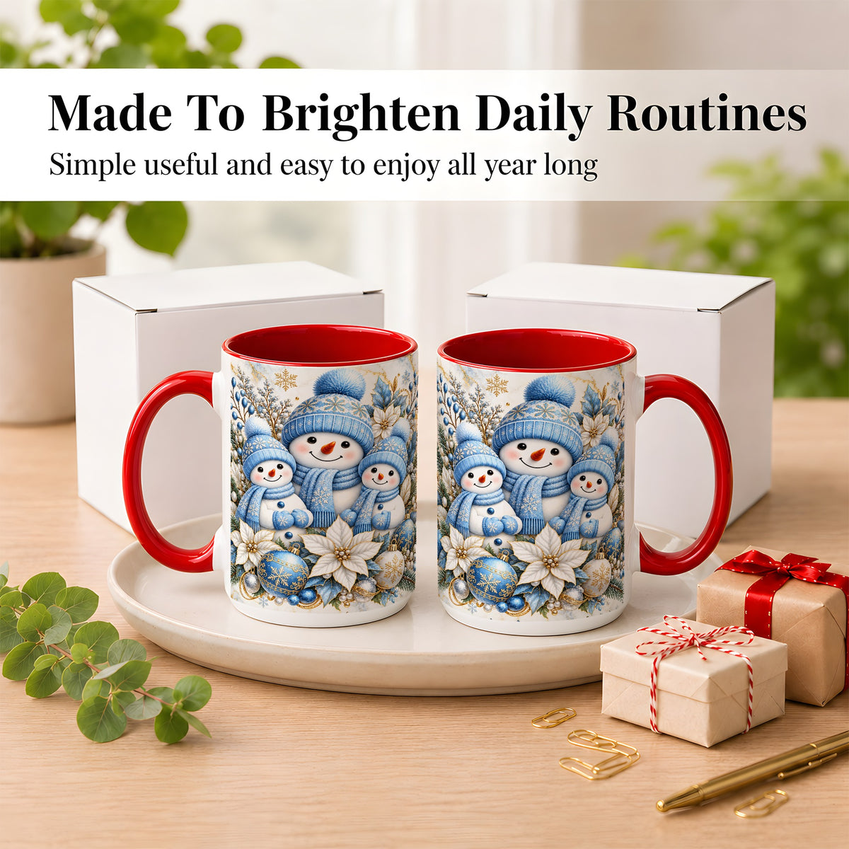 #pl[15oz|Red] Snowman Family Coffee Mug, Blue Gold Winter Snowman Mug, Ceramic Cup