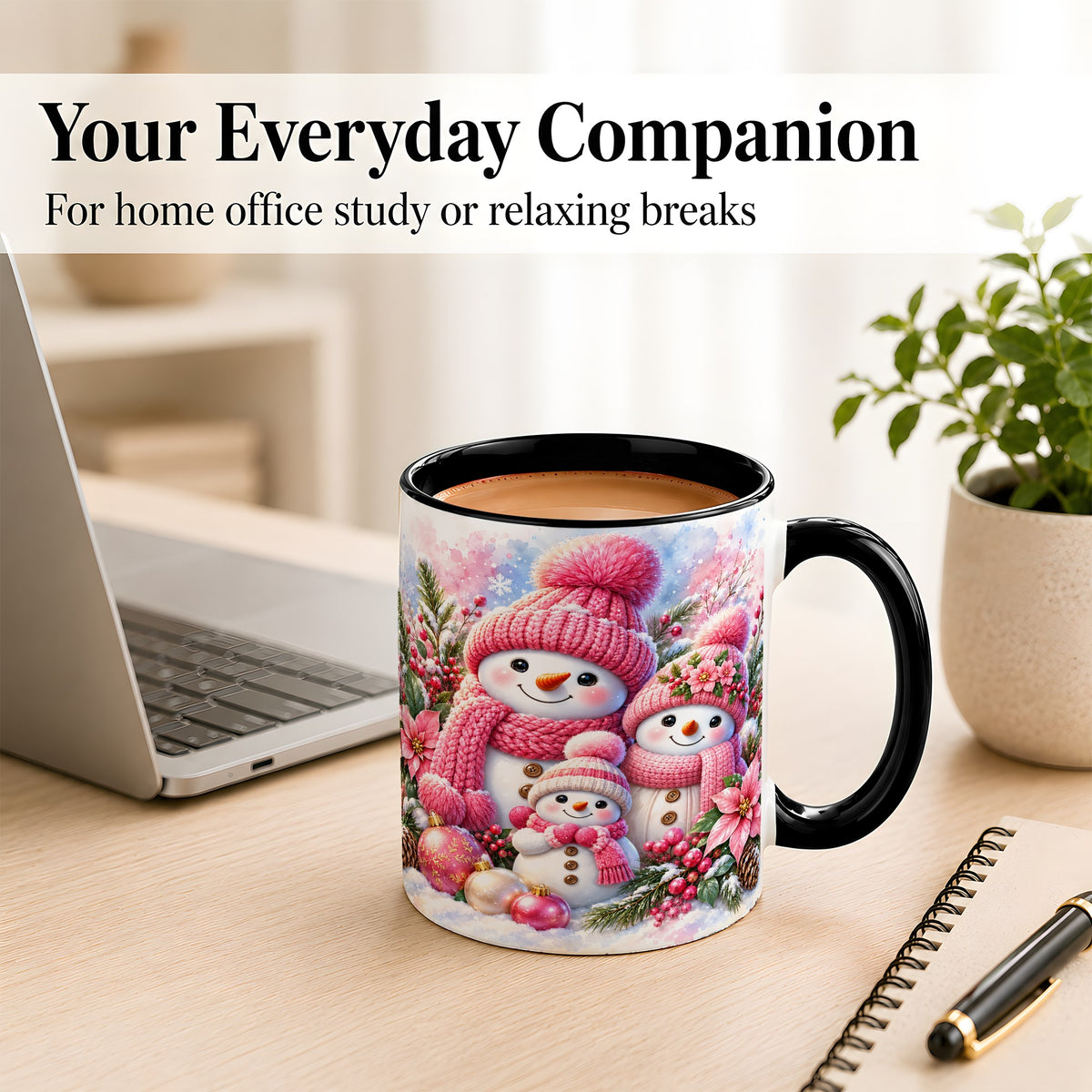 #pl[11oz|Black] Pink Snowman Family Coffee Mug, Winter Snowman Mug, Ceramic Cup