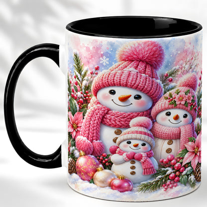 #pl[11oz|Black] Pink Snowman Family Coffee Mug, Winter Snowman Mug, Ceramic Cup