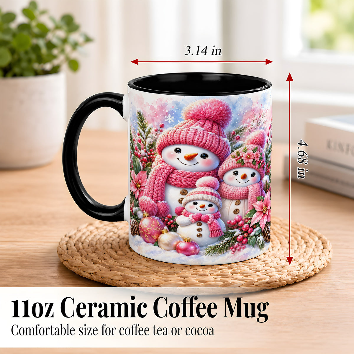 #pl[11oz|Black] Pink Snowman Family Coffee Mug, Winter Snowman Mug, Ceramic Cup