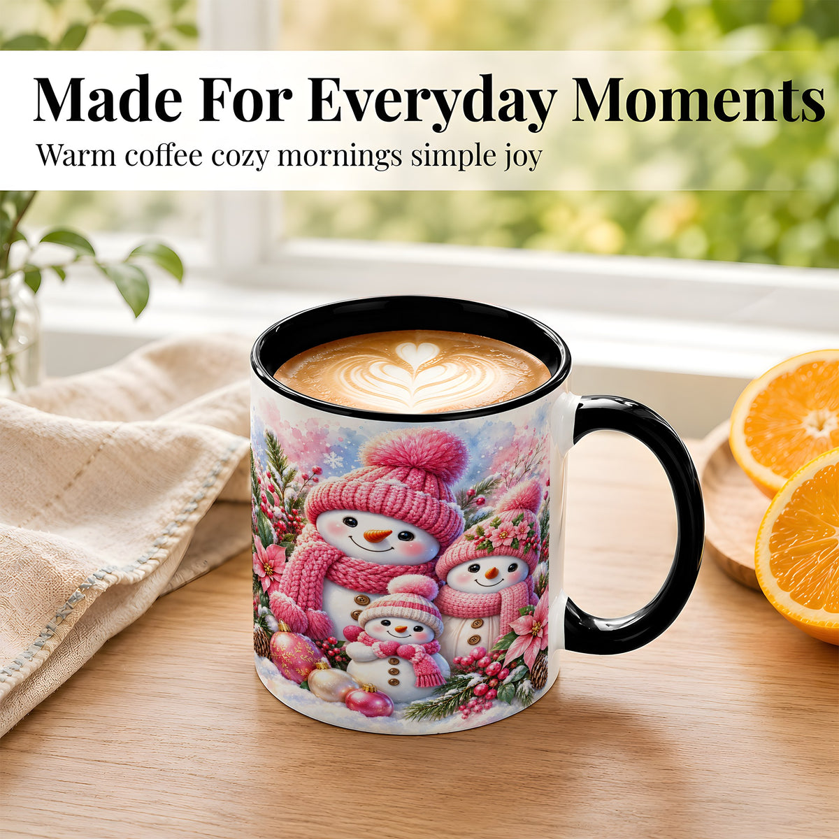 #pl[11oz|Black] Pink Snowman Family Coffee Mug, Winter Snowman Mug, Ceramic Cup