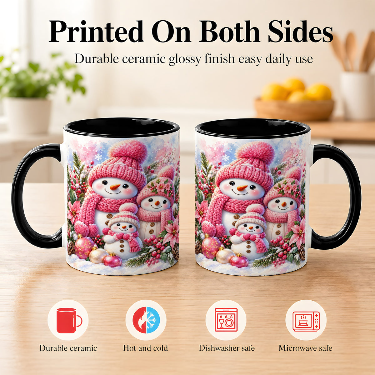 #pl[11oz|Black] Pink Snowman Family Coffee Mug, Winter Snowman Mug, Ceramic Cup