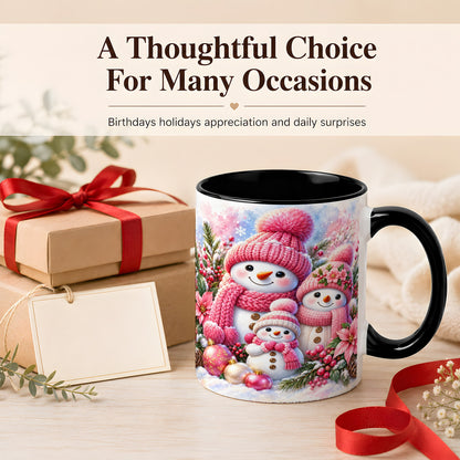 #pl[11oz|Black] Pink Snowman Family Coffee Mug, Winter Snowman Mug, Ceramic Cup