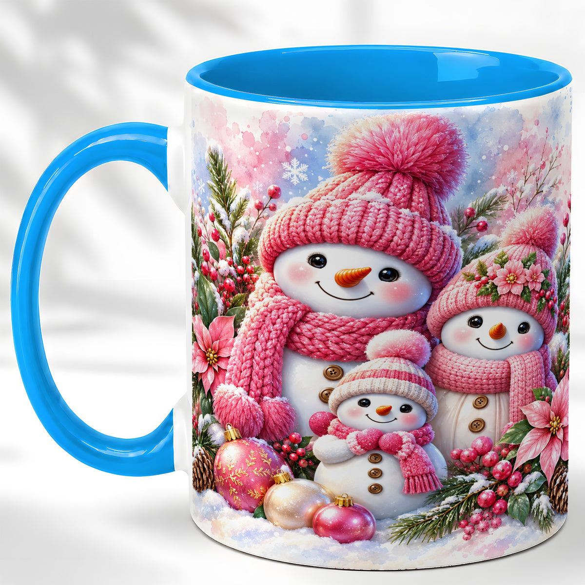 #pl[11oz|Blue] Pink Snowman Family Coffee Mug, Winter Snowman Mug, Ceramic Cup