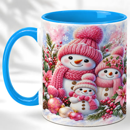 #pl[11oz|Blue] Pink Snowman Family Coffee Mug, Winter Snowman Mug, Ceramic Cup