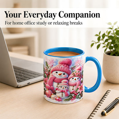 #pl[11oz|Blue] Pink Snowman Family Coffee Mug, Winter Snowman Mug, Ceramic Cup