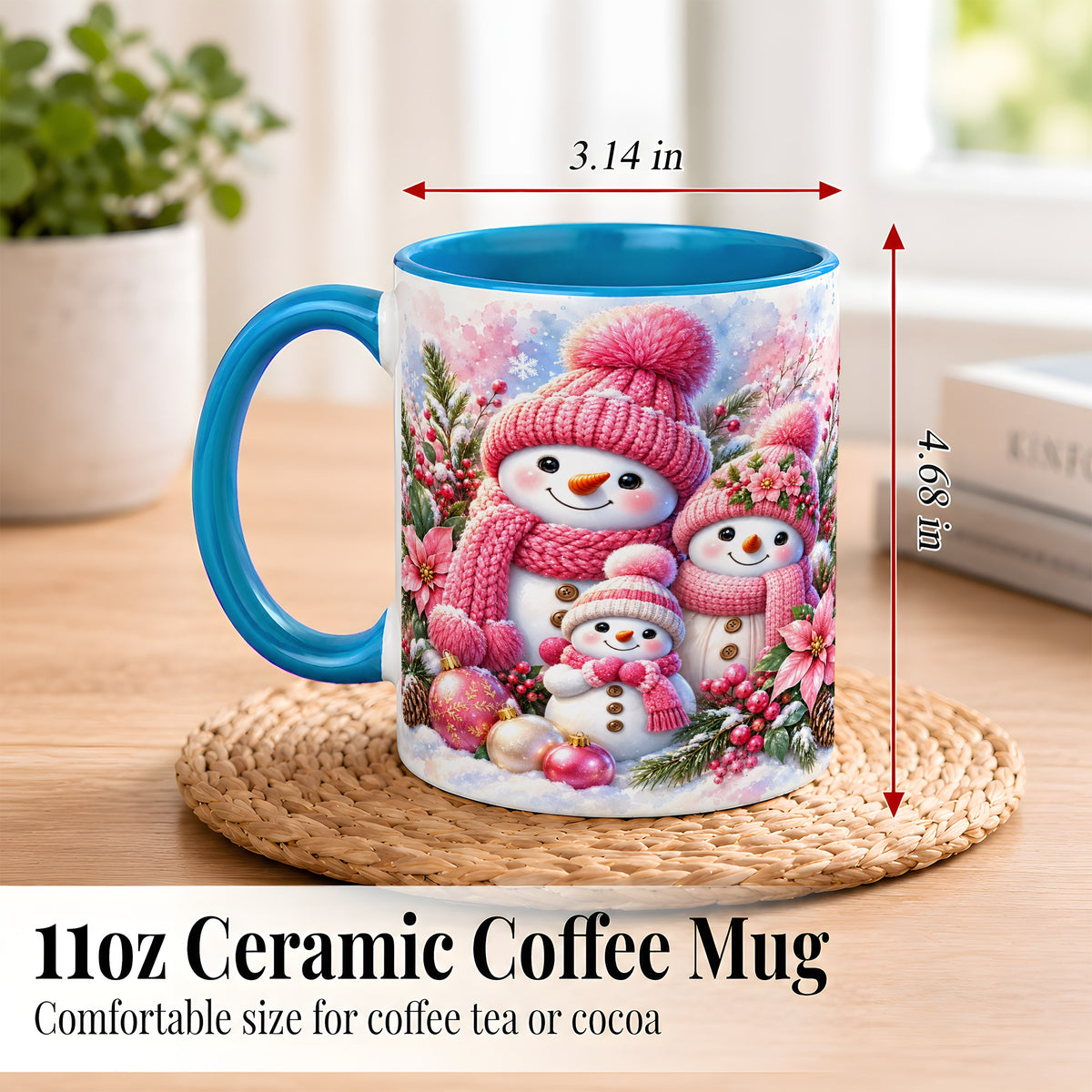 #pl[11oz|Blue] Pink Snowman Family Coffee Mug, Winter Snowman Mug, Ceramic Cup