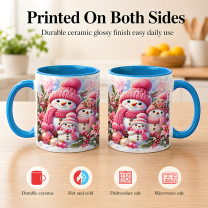 #pl[11oz|Blue] Pink Snowman Family Coffee Mug, Winter Snowman Mug, Ceramic Cup