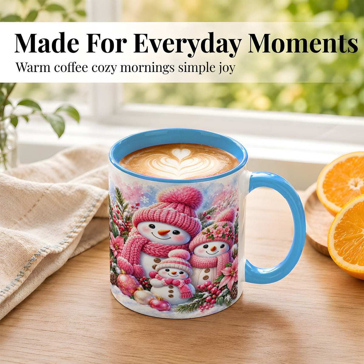 #pl[11oz|Blue] Pink Snowman Family Coffee Mug, Winter Snowman Mug, Ceramic Cup