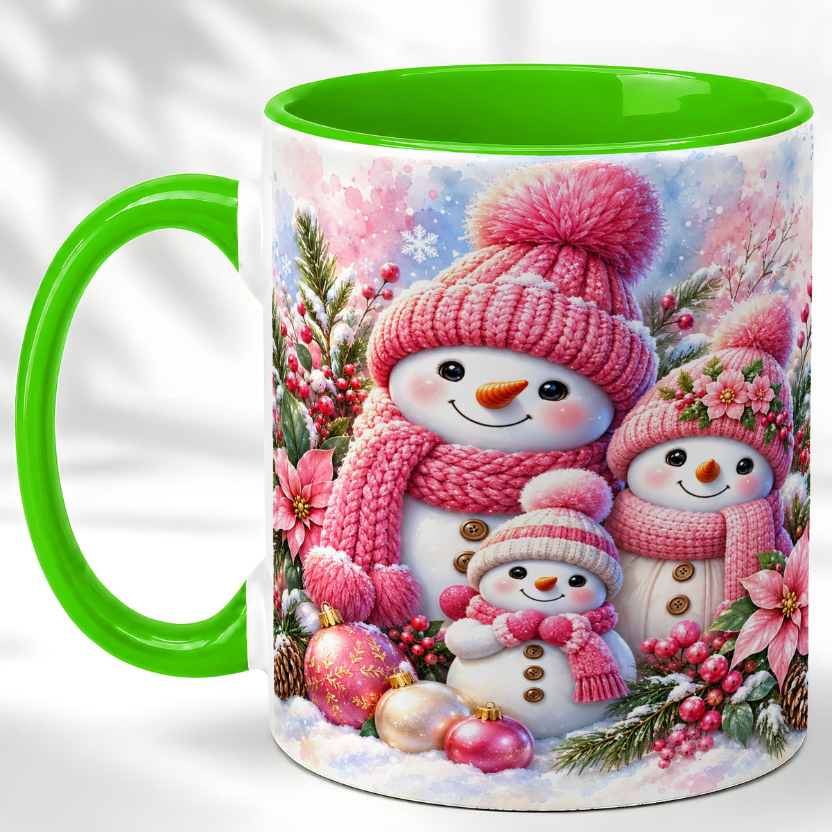 #pl[11oz|Green] Pink Snowman Family Coffee Mug, Winter Snowman Mug, Ceramic Cup