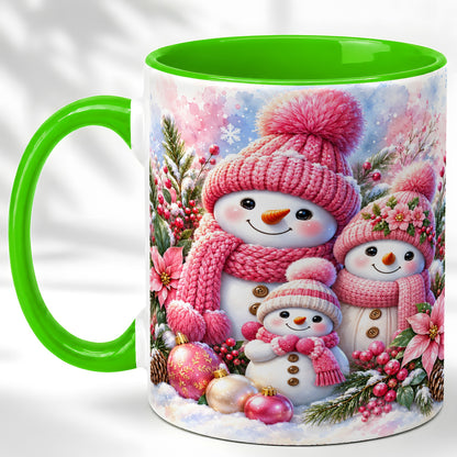 #pl[11oz|Green] Pink Snowman Family Coffee Mug, Winter Snowman Mug, Ceramic Cup