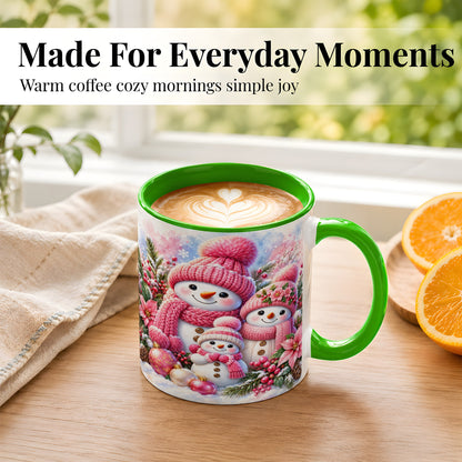 #pl[11oz|Green] Pink Snowman Family Coffee Mug, Winter Snowman Mug, Ceramic Cup