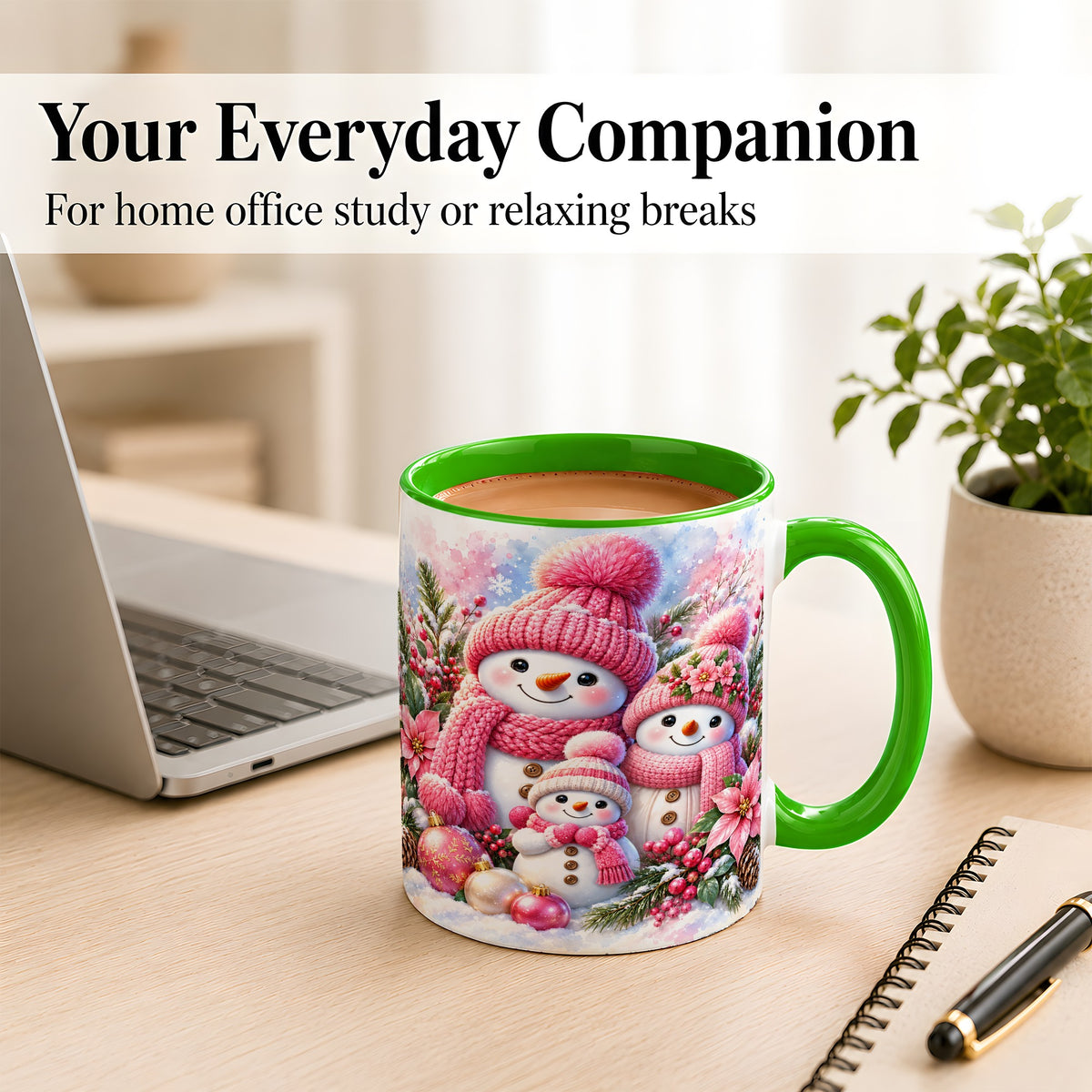 #pl[11oz|Green] Pink Snowman Family Coffee Mug, Winter Snowman Mug, Ceramic Cup