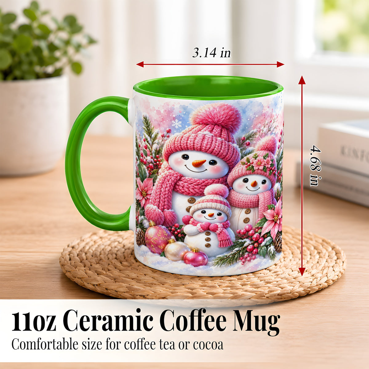 #pl[11oz|Green] Pink Snowman Family Coffee Mug, Winter Snowman Mug, Ceramic Cup