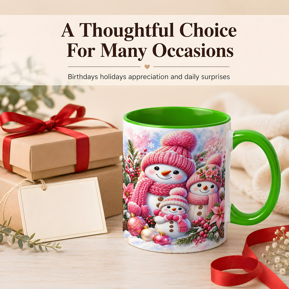 #pl[11oz|Green] Pink Snowman Family Coffee Mug, Winter Snowman Mug, Ceramic Cup