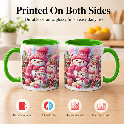 #pl[11oz|Green] Pink Snowman Family Coffee Mug, Winter Snowman Mug, Ceramic Cup
