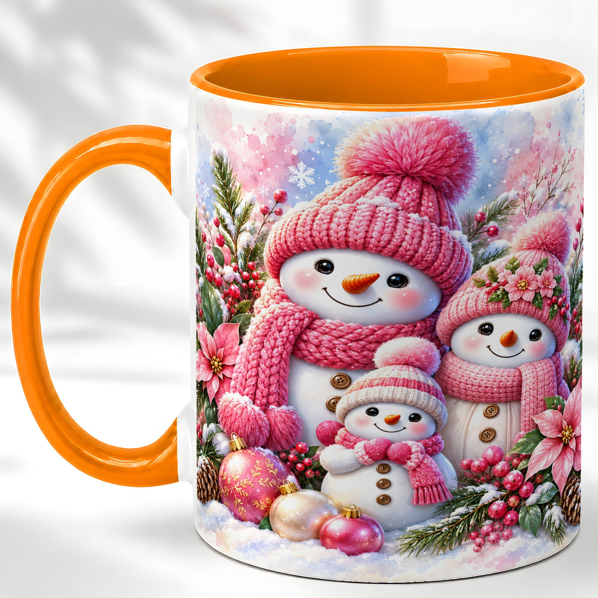 #pl[11oz|Orange] Pink Snowman Family Coffee Mug, Winter Snowman Mug, Ceramic Cup