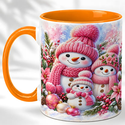 #pl[11oz|Orange] Pink Snowman Family Coffee Mug, Winter Snowman Mug, Ceramic Cup