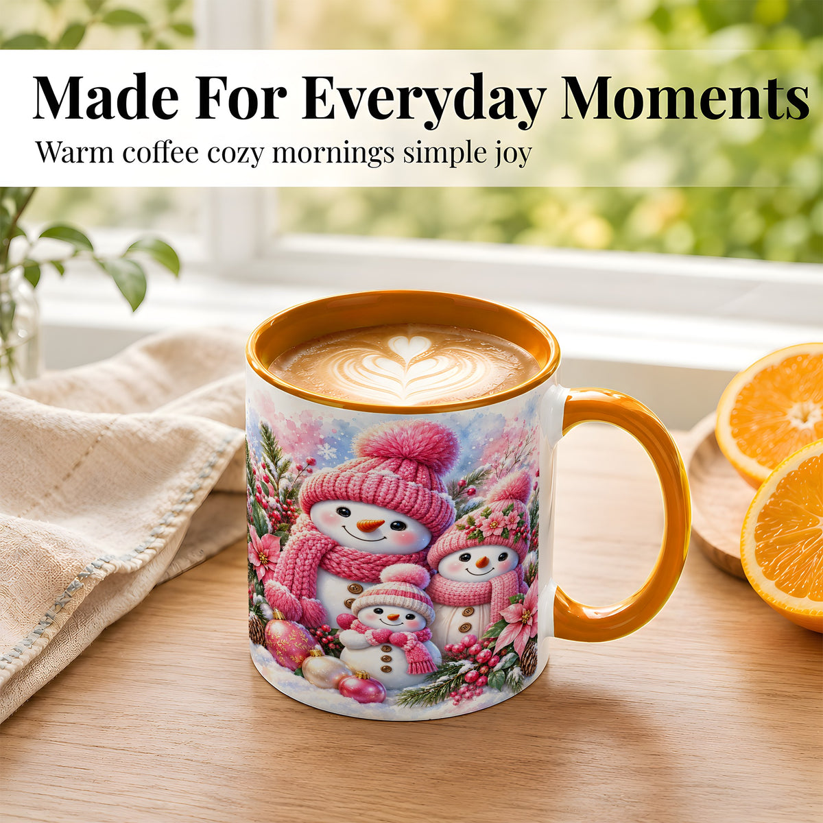 #pl[11oz|Orange] Pink Snowman Family Coffee Mug, Winter Snowman Mug, Ceramic Cup