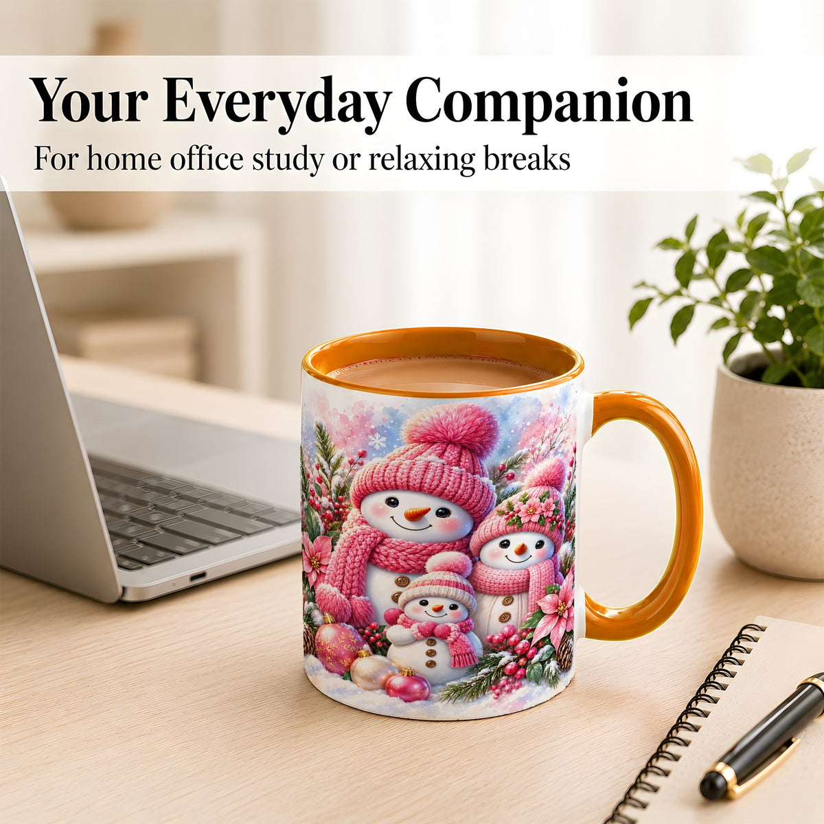 #pl[11oz|Orange] Pink Snowman Family Coffee Mug, Winter Snowman Mug, Ceramic Cup
