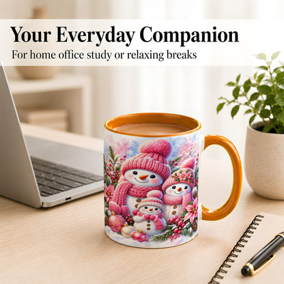 #pl[11oz|Orange] Pink Snowman Family Coffee Mug, Winter Snowman Mug, Ceramic Cup