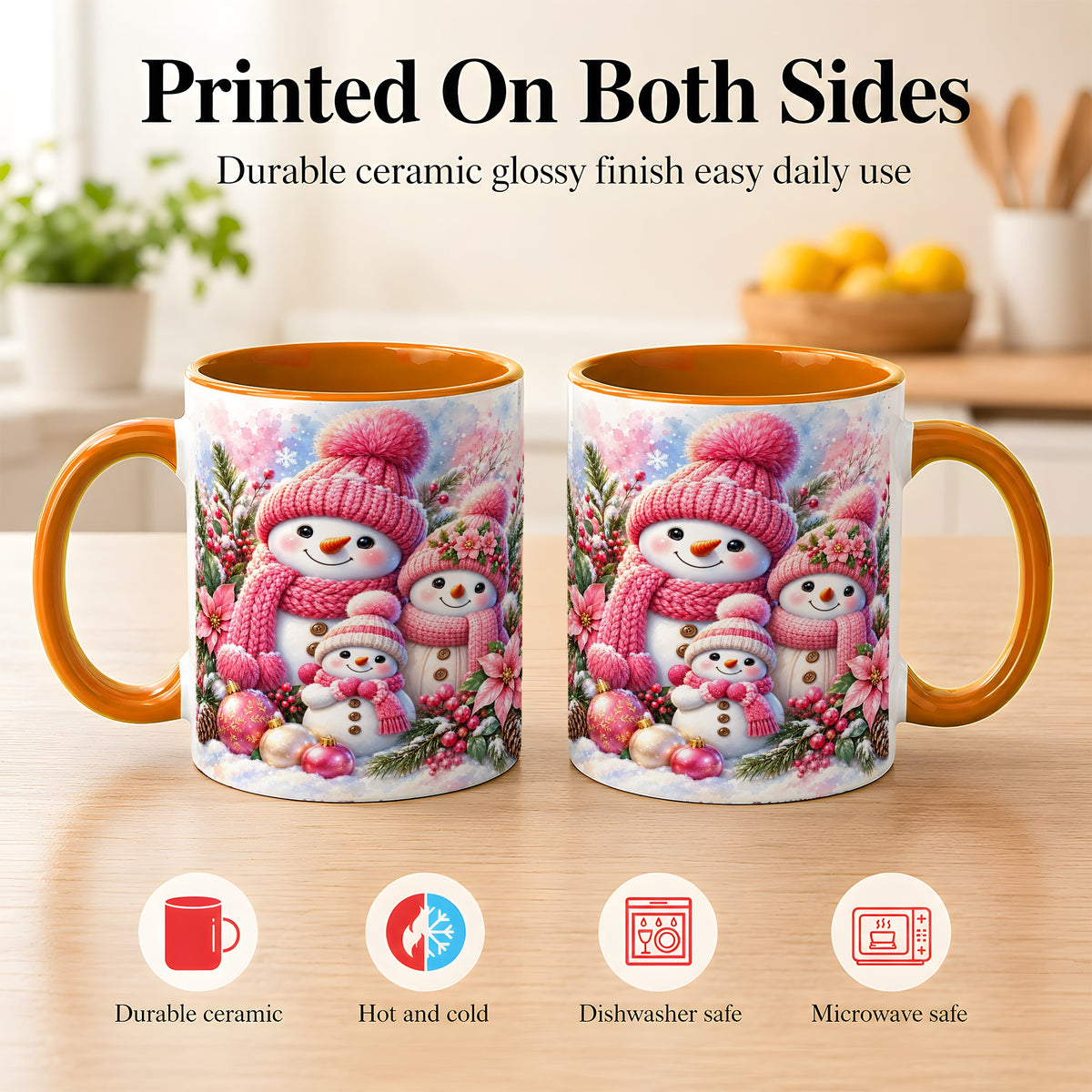 #pl[11oz|Orange] Pink Snowman Family Coffee Mug, Winter Snowman Mug, Ceramic Cup