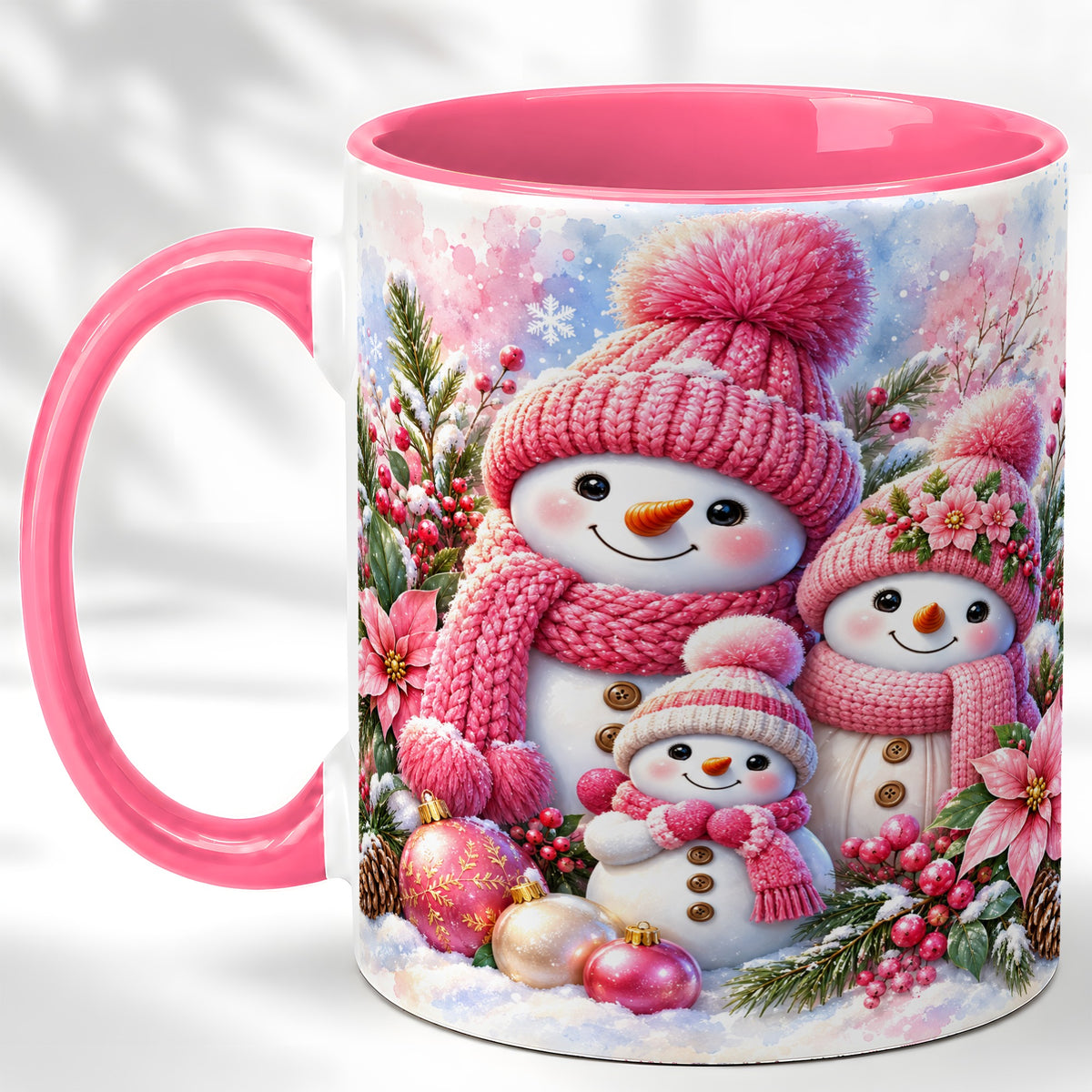 #pl[11oz|Pink] Pink Snowman Family Coffee Mug, Winter Snowman Mug, Ceramic Cup
