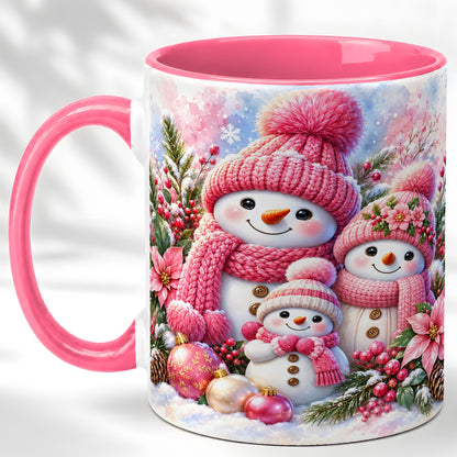 #pl[11oz|Pink] Pink Snowman Family Coffee Mug, Winter Snowman Mug, Ceramic Cup