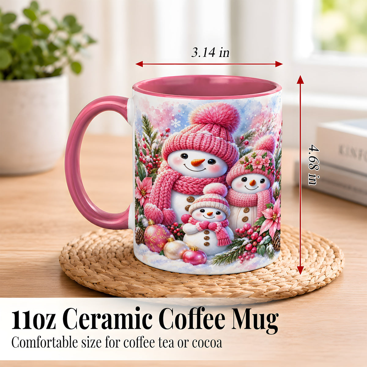 #pl[11oz|Pink] Pink Snowman Family Coffee Mug, Winter Snowman Mug, Ceramic Cup