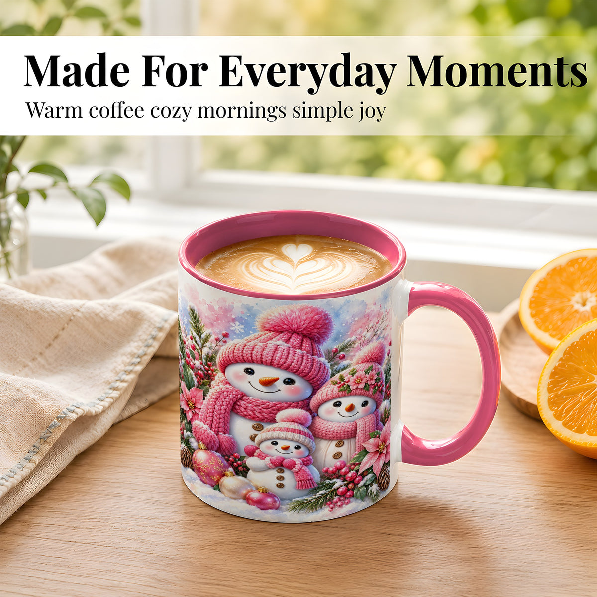 #pl[11oz|Pink] Pink Snowman Family Coffee Mug, Winter Snowman Mug, Ceramic Cup