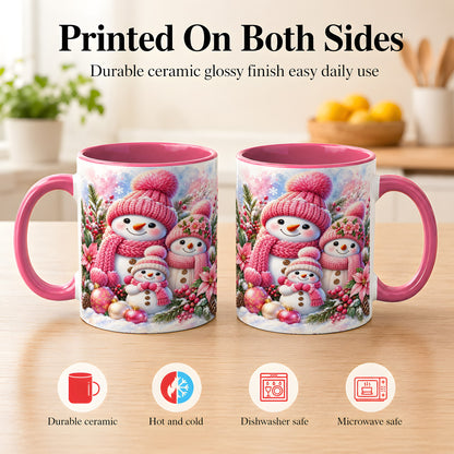 #pl[11oz|Pink] Pink Snowman Family Coffee Mug, Winter Snowman Mug, Ceramic Cup