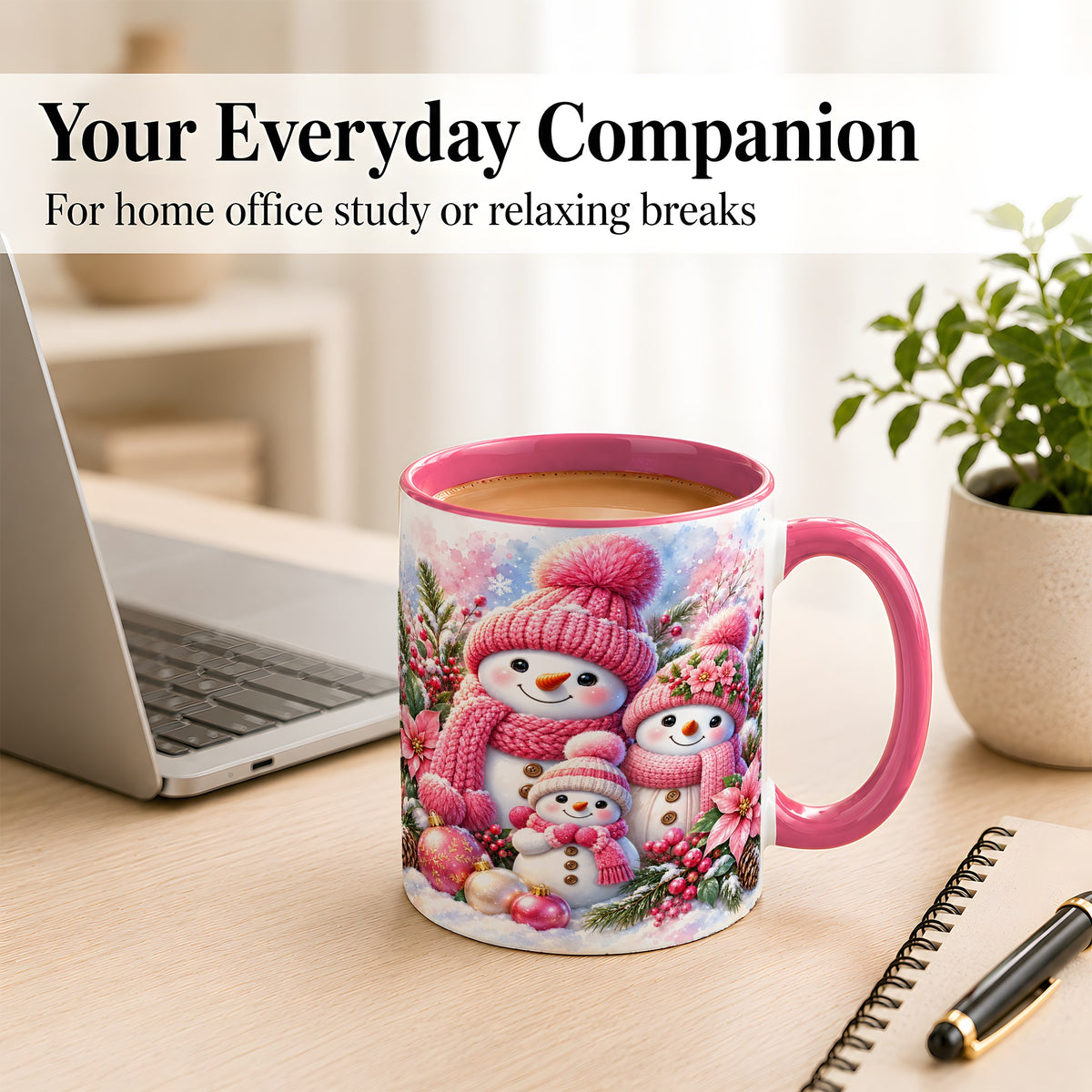 #pl[11oz|Pink] Pink Snowman Family Coffee Mug, Winter Snowman Mug, Ceramic Cup